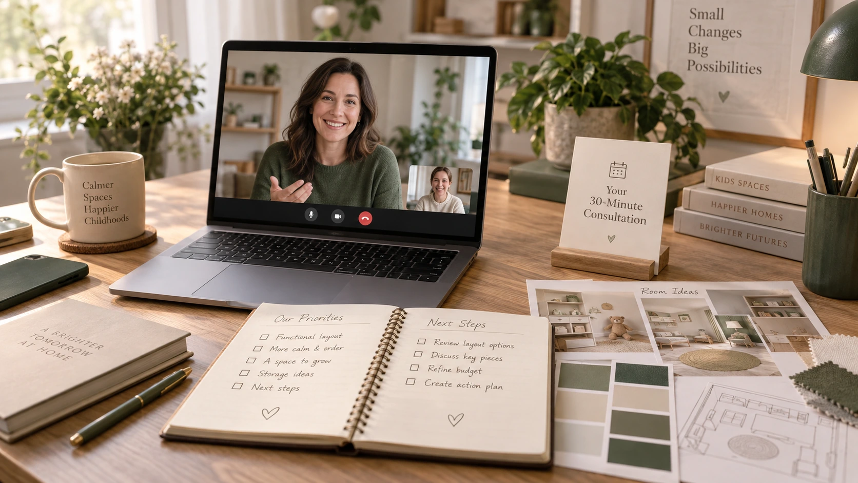 Consultoria individual online após a Jornada, com chamada de vídeo, anotações e próximos passos.